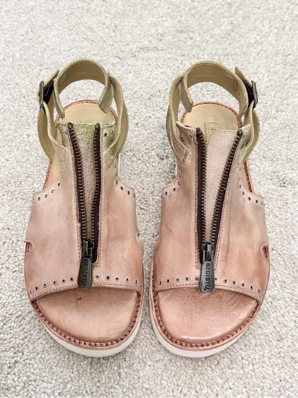 Bed Stu Pink Leather Front-Zip Studded Sandals